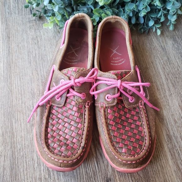 Twisted X Pink Brown Leather Cancer Awareness Weave Driving Mocs Womens Size 6.5 - Picture 3 of 8